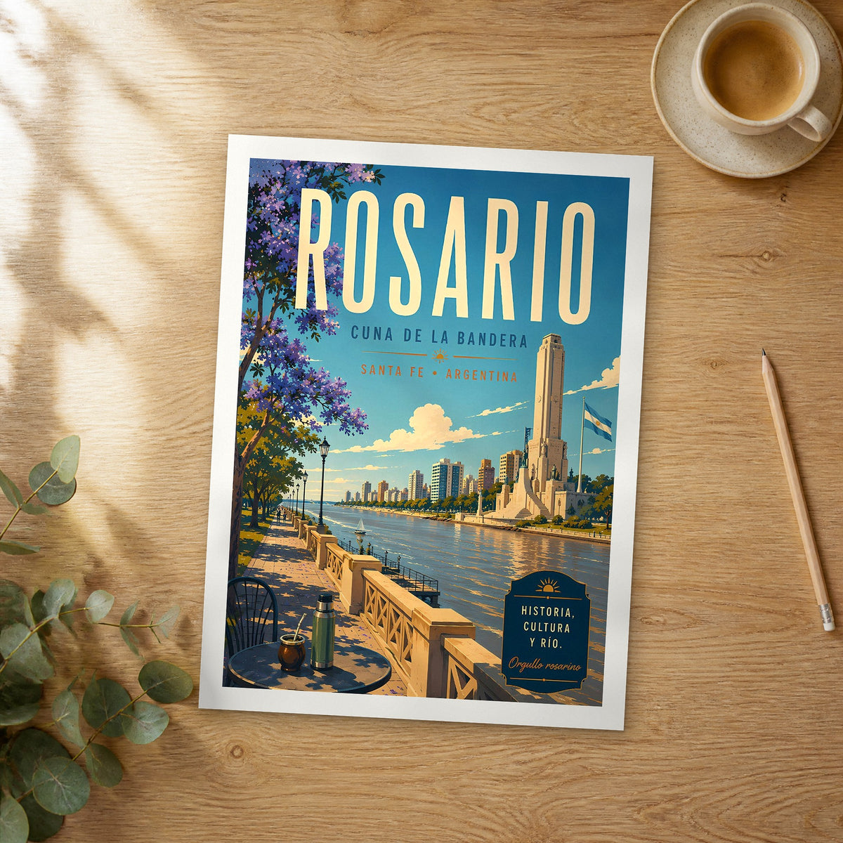 Unframed Rosario retro travel poster on a wooden table