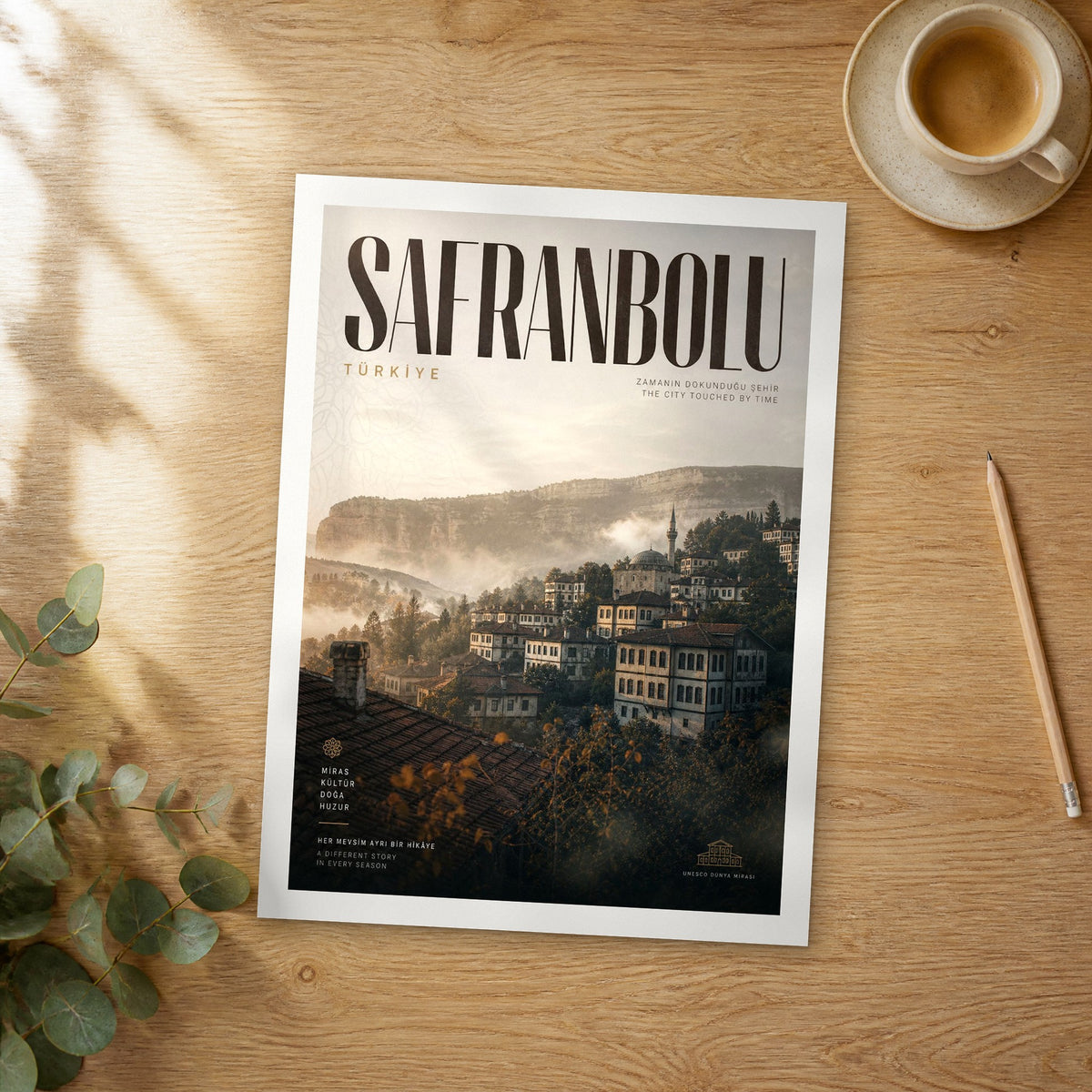 Unframed Safranbolu bold typography travel poster on a wooden table