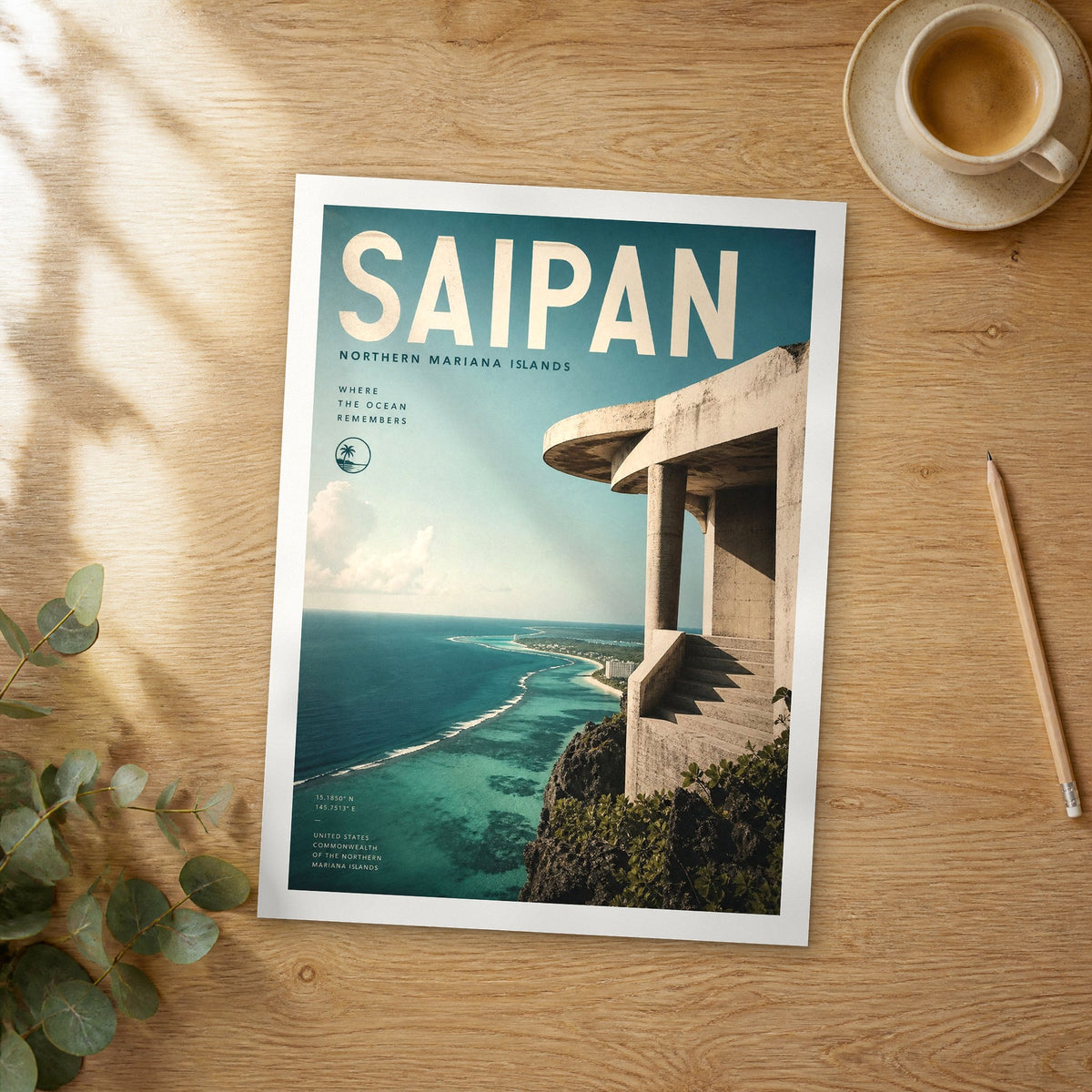 Unframed Saipan bold typography travel poster on a wooden table
