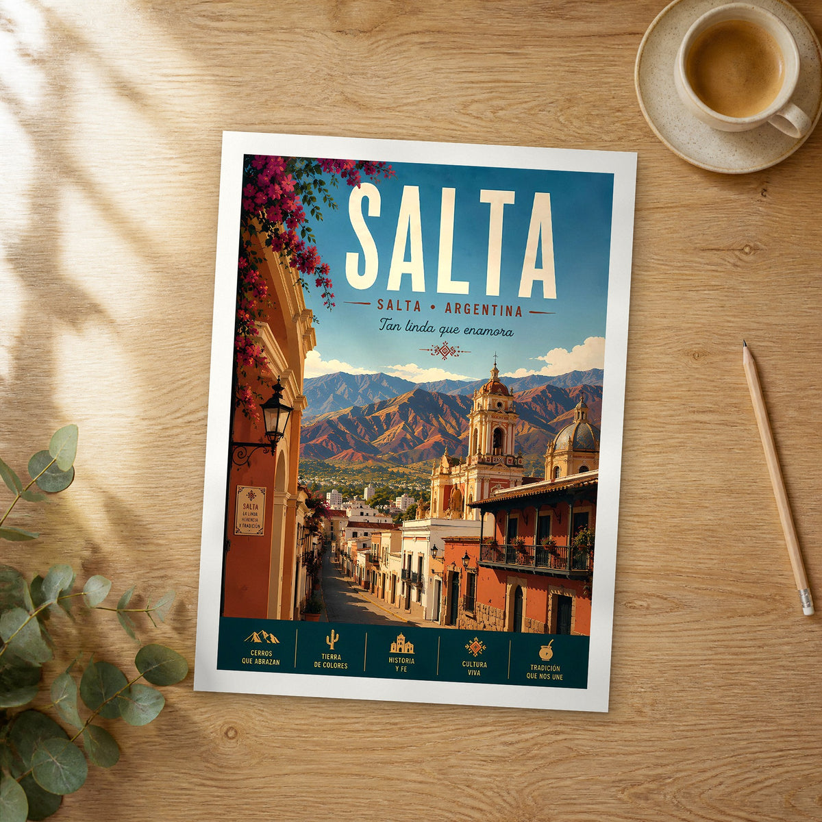 Unframed Salta retro travel poster on a wooden table