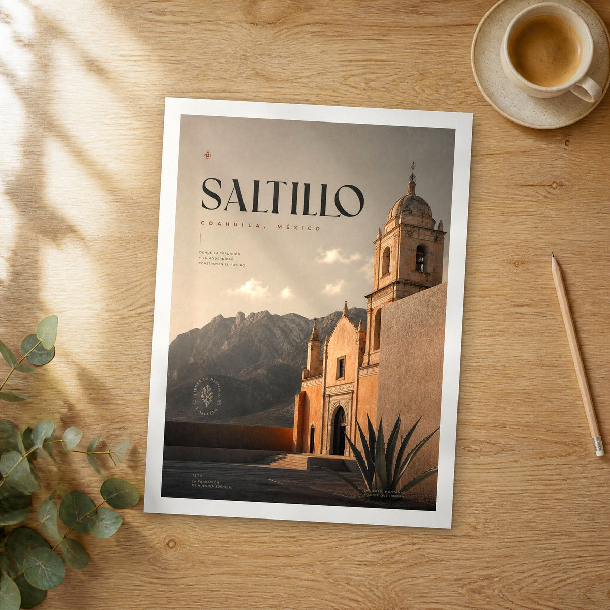 Unframed Saltillo bold typography travel poster on a wooden table