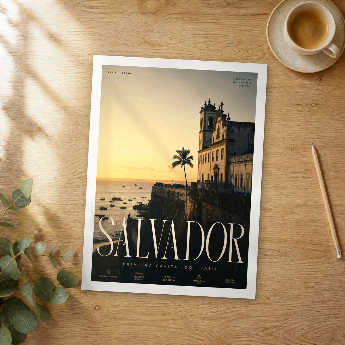 Unframed Salvador bold typography travel poster on a wooden table