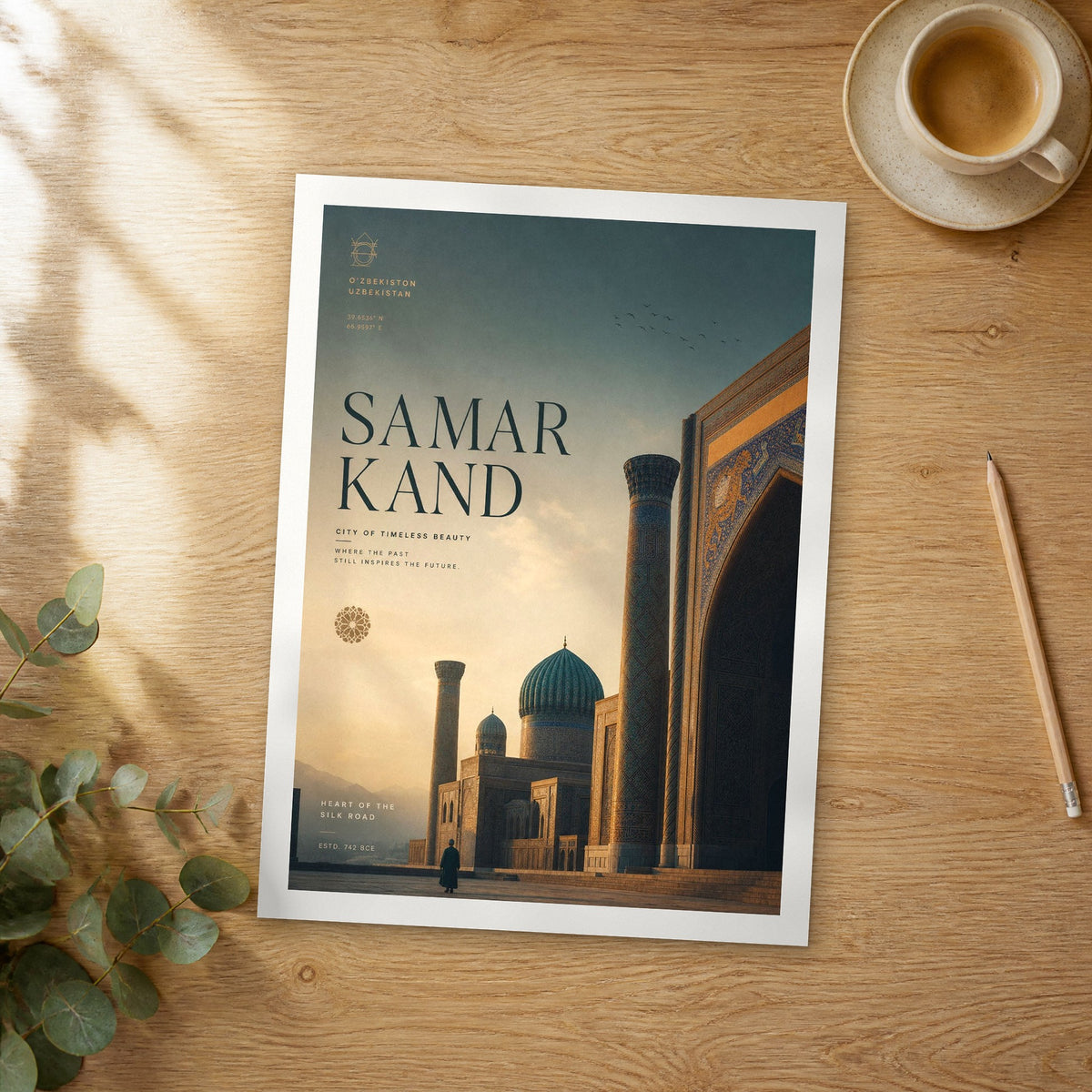 Unframed Samarkand bold typography travel poster on a wooden table