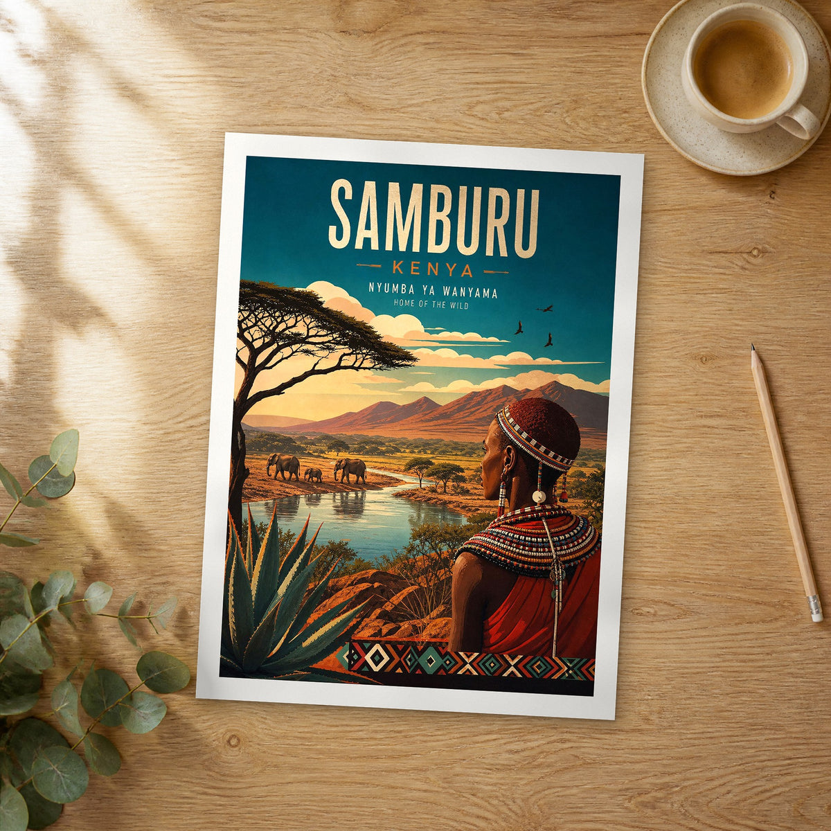 Unframed Samburu retro travel poster on a wooden table