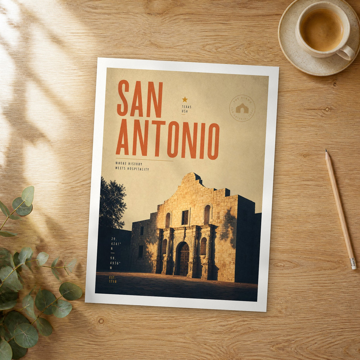 Unframed San Antonio bold typography travel poster on a wooden table