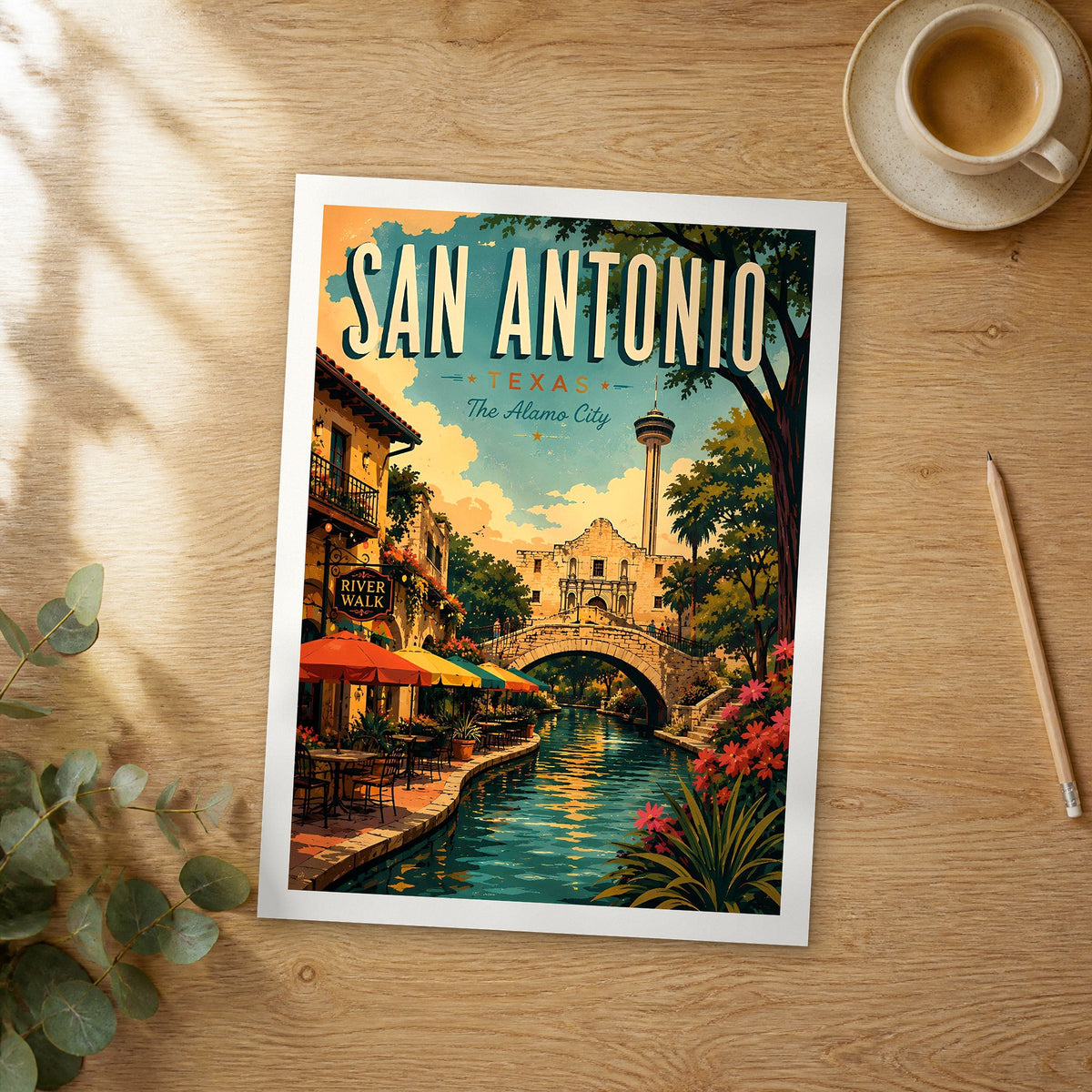 Unframed San Antonio retro travel poster on a wooden table
