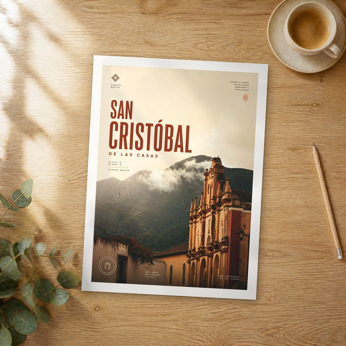 Unframed San Cristobal de las Casas bold typography travel poster on a wooden table