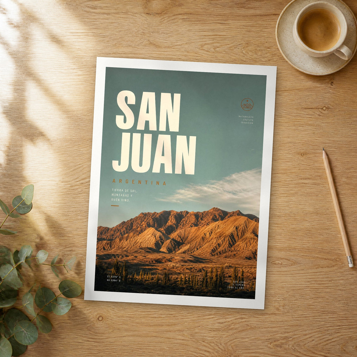 Unframed San Juan bold typography travel poster on a wooden table
