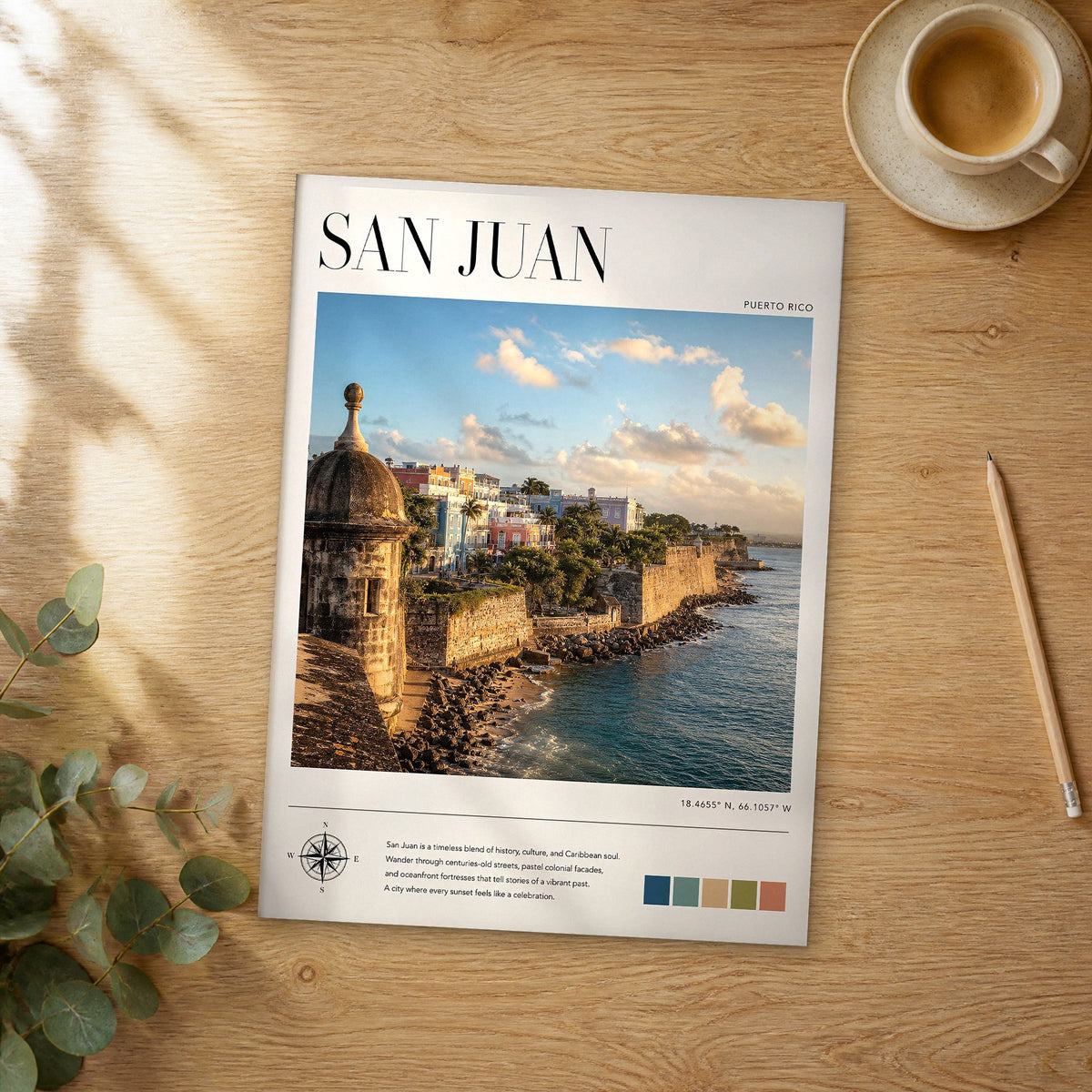 Unframed San Juan modern photography travel poster on a wooden table