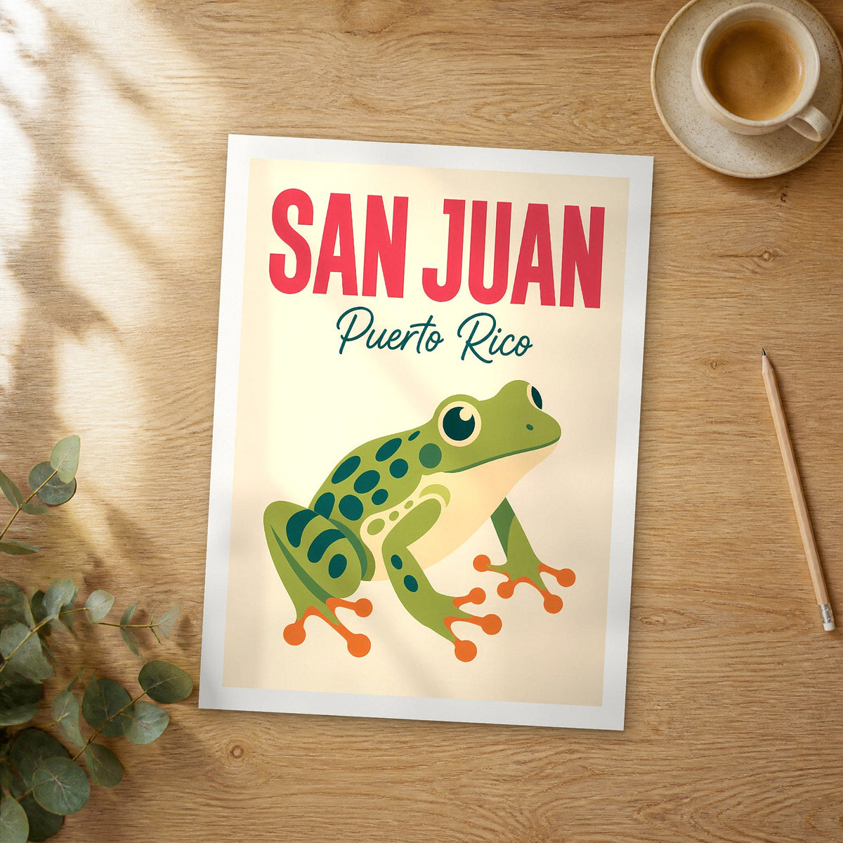 Unframed San Juan pop art travel poster on a wooden table
