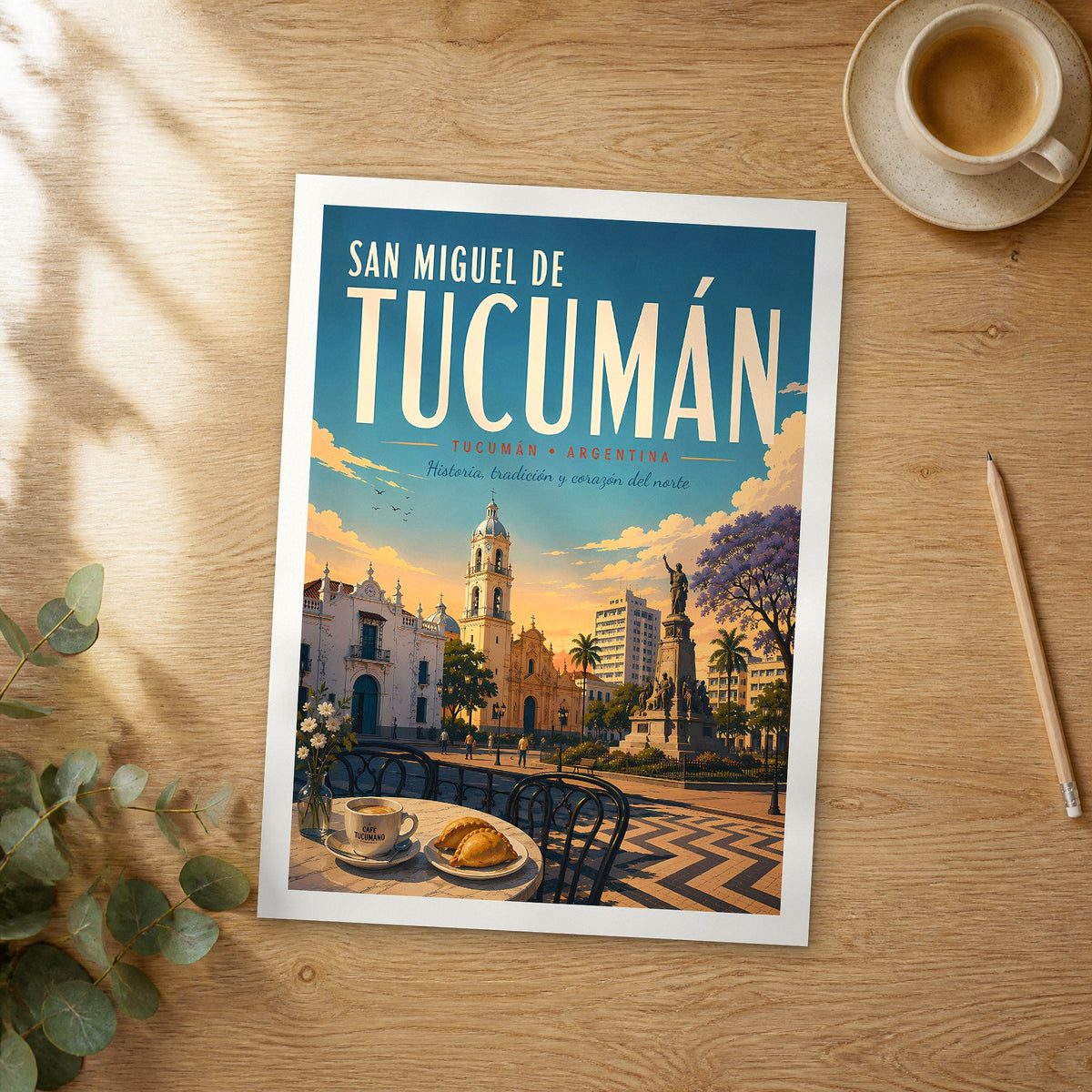 Unframed San Miguel de Tucumán retro travel poster on a wooden table