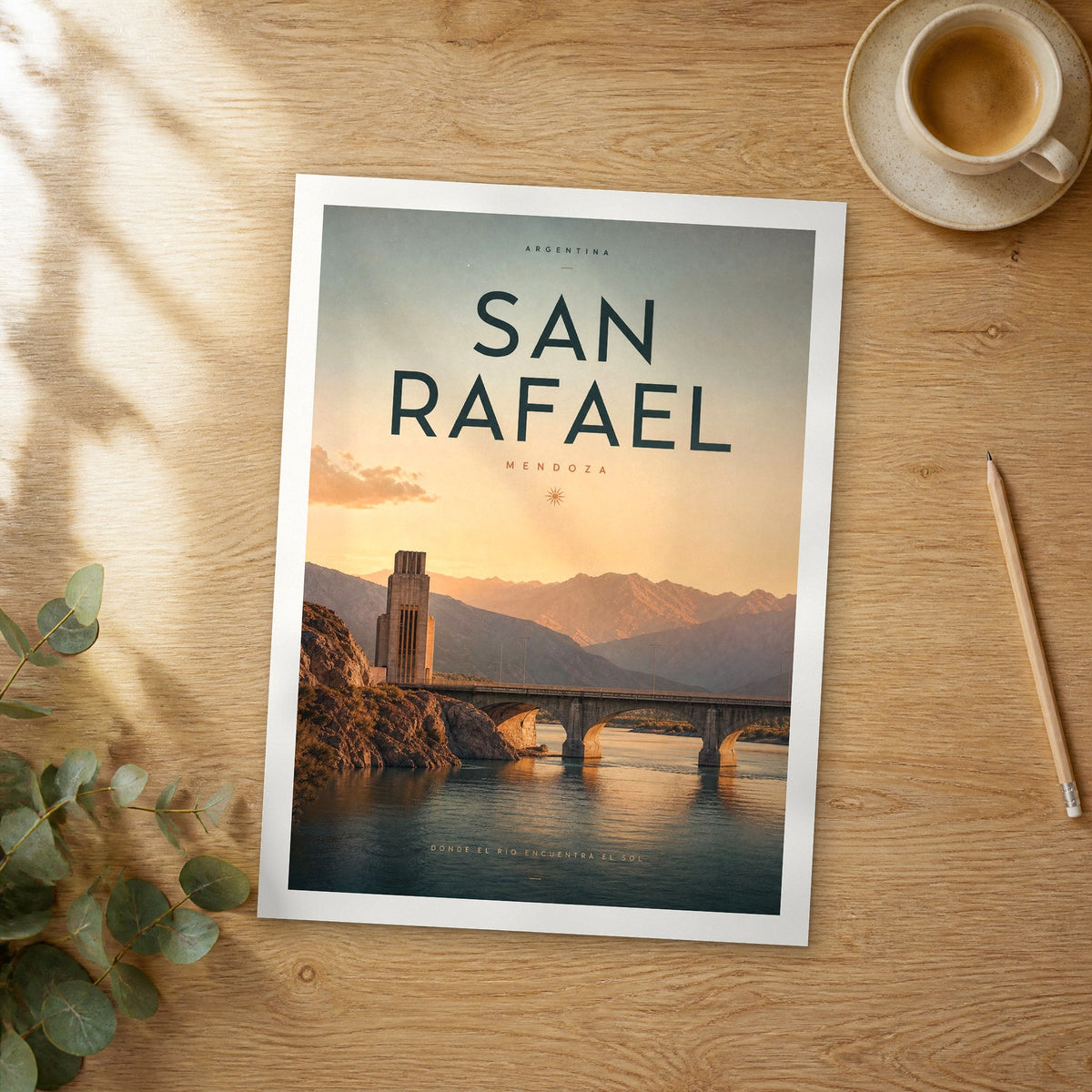 Unframed San Rafael bold typography travel poster on a wooden table