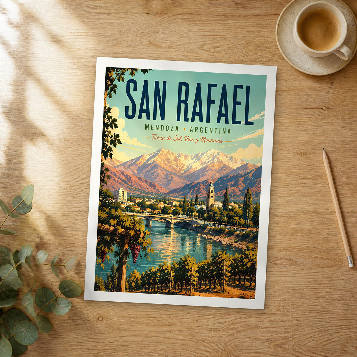 Unframed San Rafael retro travel poster on a wooden table