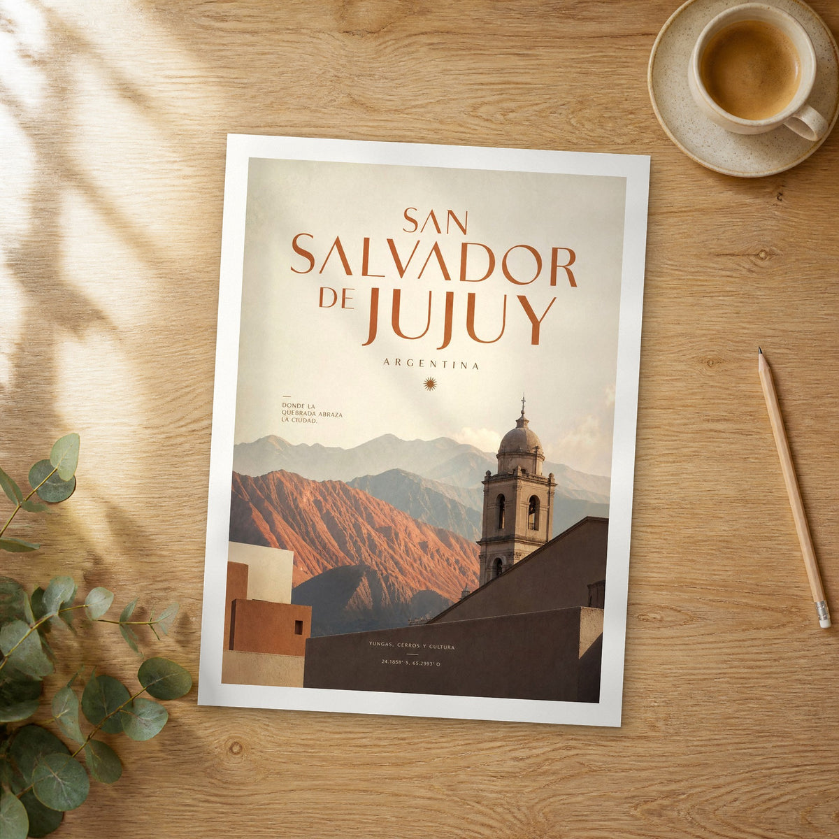 Unframed San Salvador de Jujuy bold typography travel poster on a wooden table