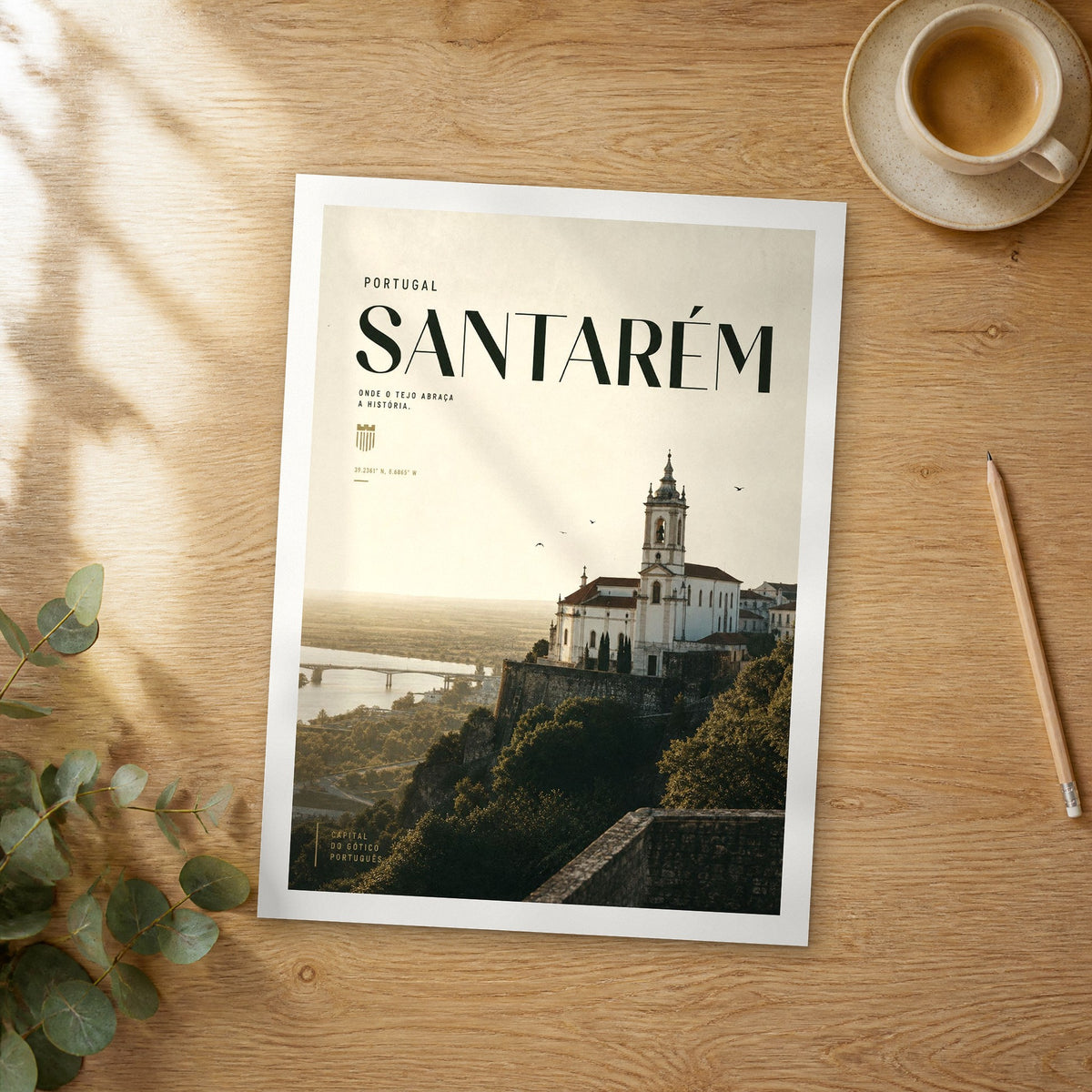 Unframed Santarém bold typography travel poster on a wooden table