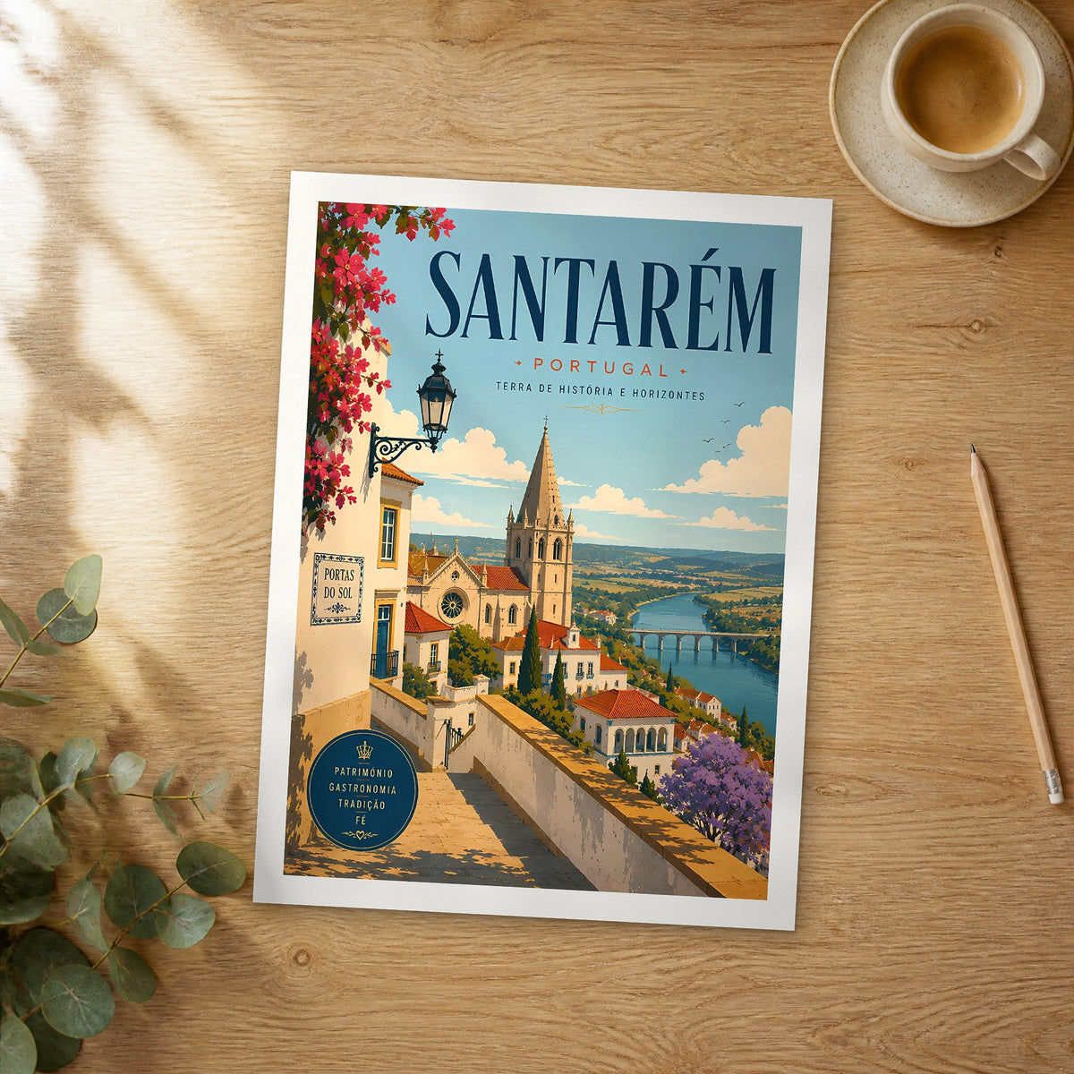 Unframed Santarém retro travel poster on a wooden table