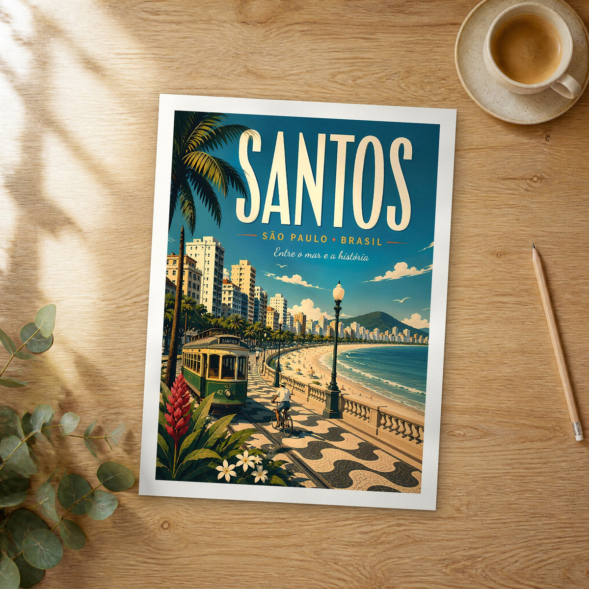 Unframed Santos retro travel poster on a wooden table