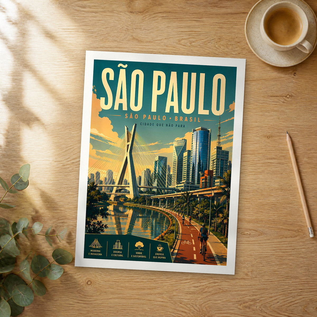 Unframed São Paulo retro travel poster on a wooden table