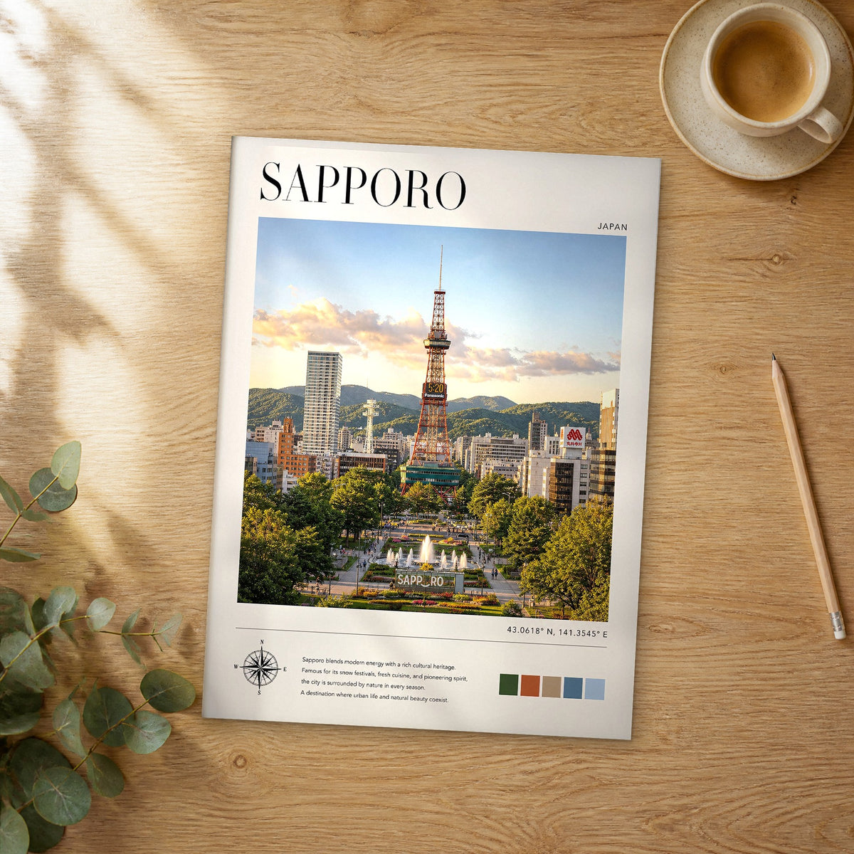 Unframed Sapporo modern photography travel poster on a wooden table