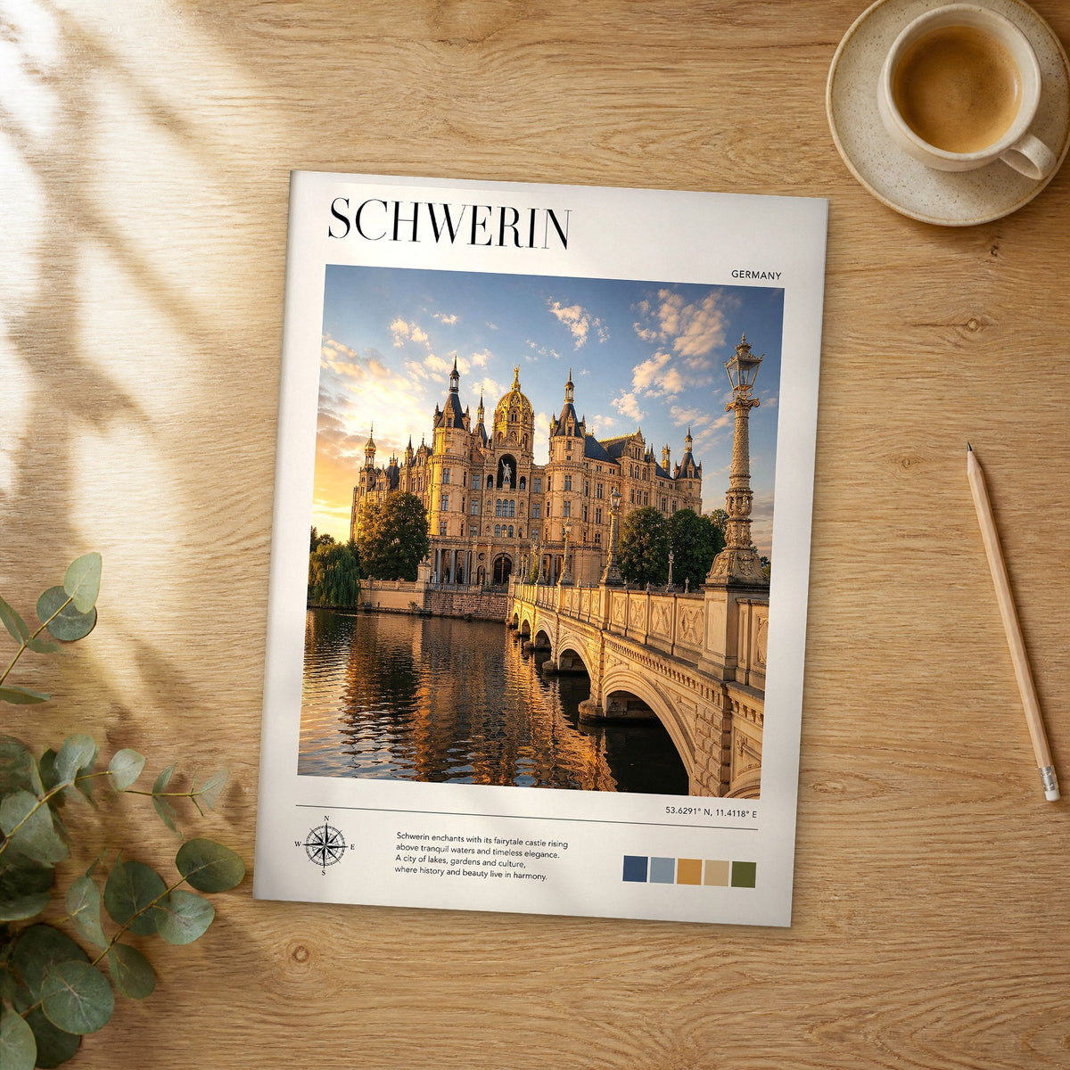 Unframed Schwerin modern photography travel poster on a wooden table