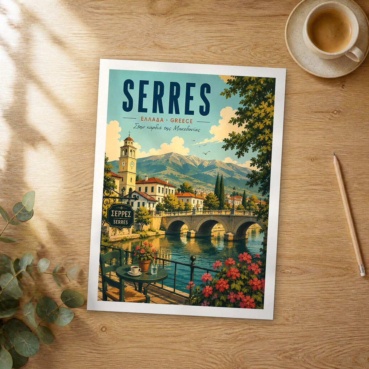 Unframed Serres retro travel poster on a wooden table