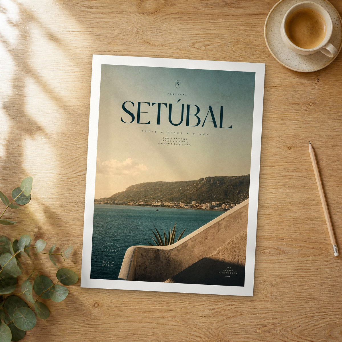 Unframed Setúbal bold typography travel poster on a wooden table