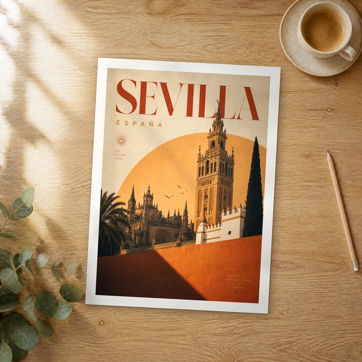 Unframed Seville bold typography travel poster on a wooden table