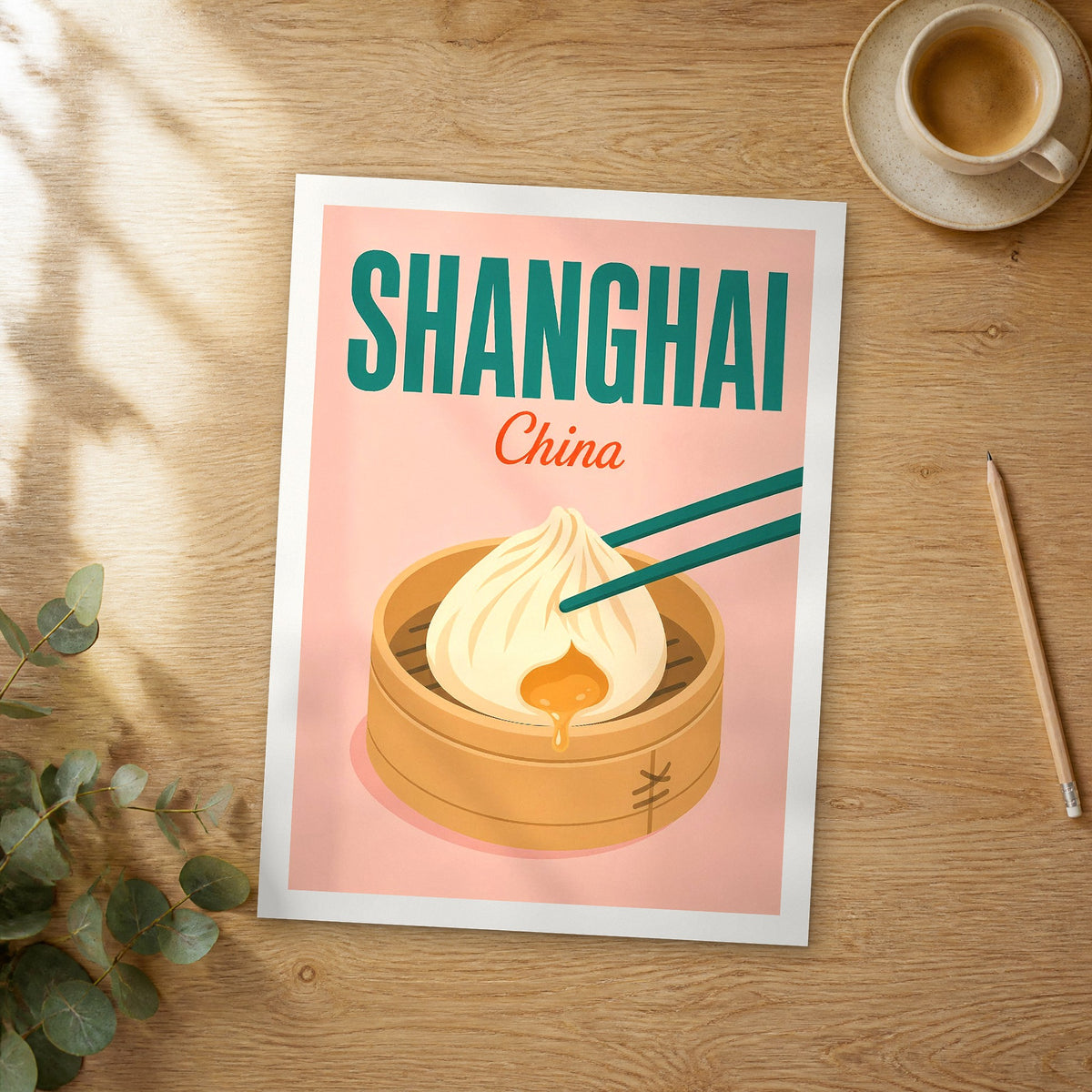 Unframed Shanghai pop art travel poster on a wooden table