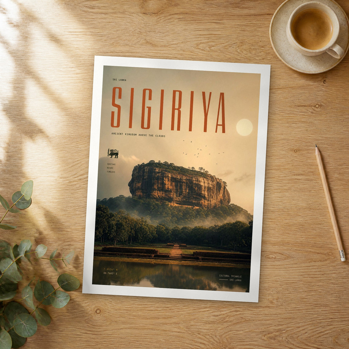 Unframed Sigiriya bold typography travel poster on a wooden table