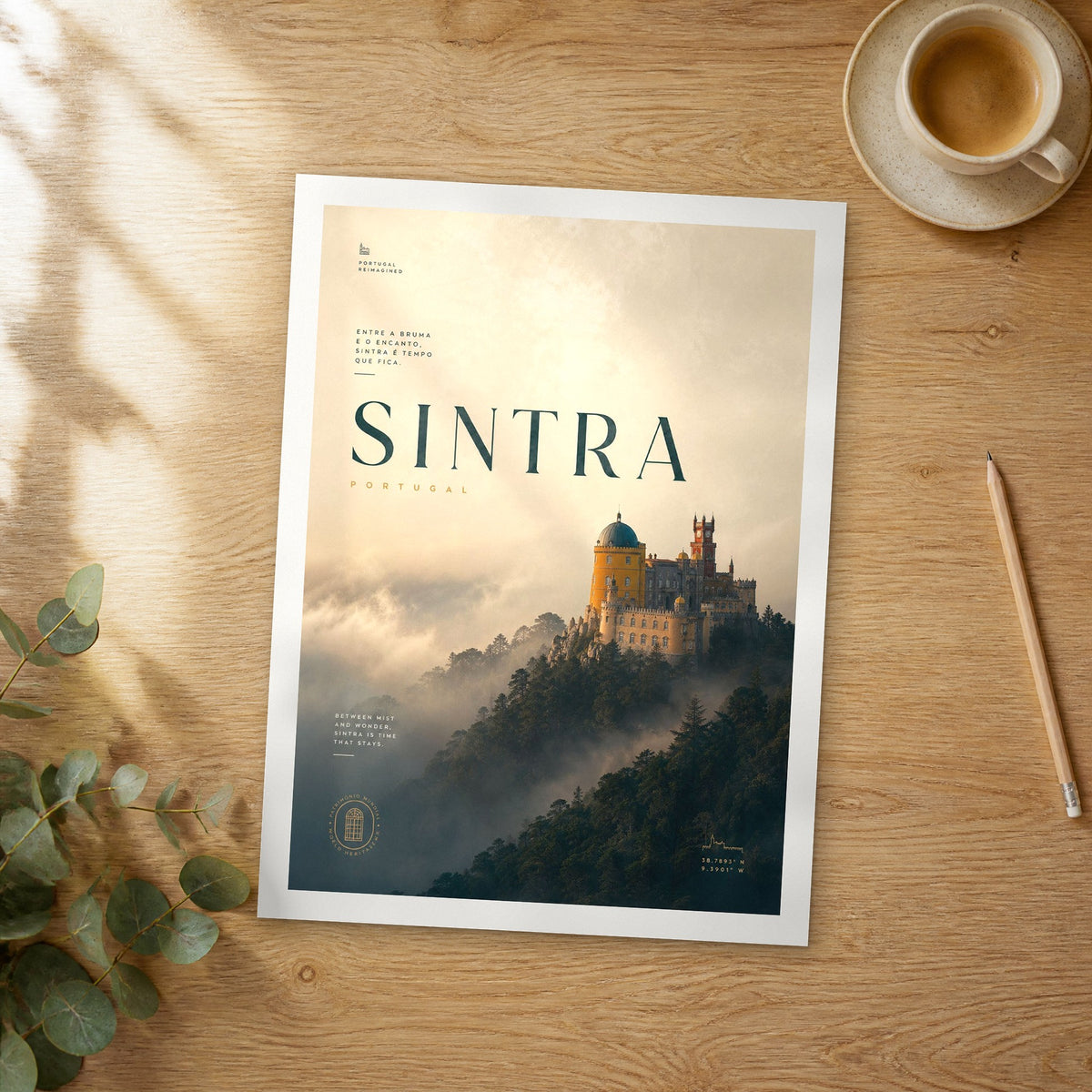 Unframed Sintra bold typography travel poster on a wooden table