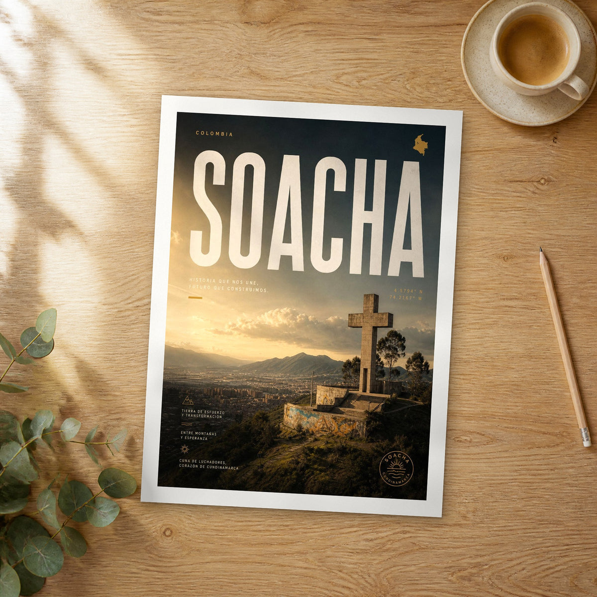 Unframed Soacha bold typography travel poster on a wooden table