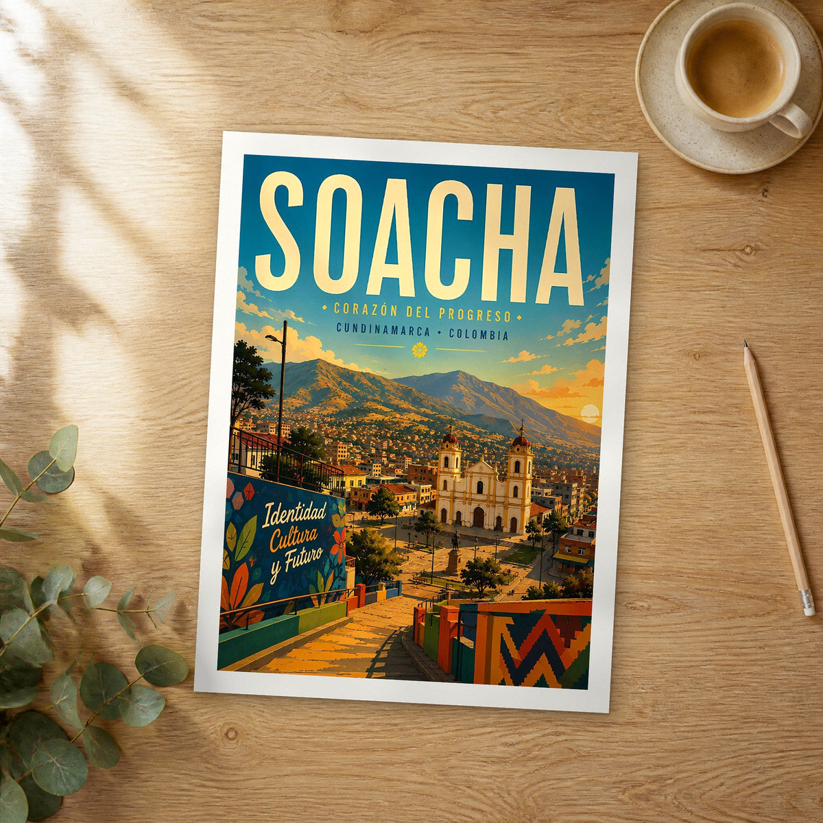 Unframed Soacha retro travel poster on a wooden table