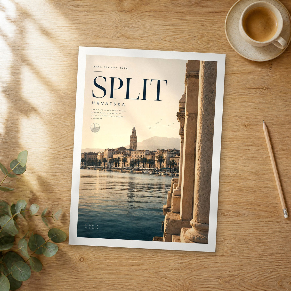 Unframed Split bold typography travel poster on a wooden table