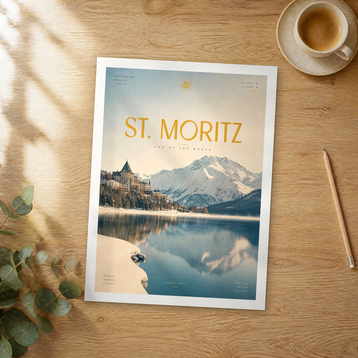Unframed St. Moritz bold typography travel poster on a wooden table