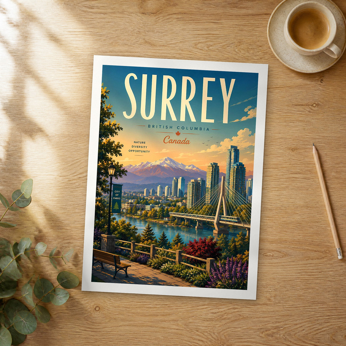 Unframed Surrey retro travel poster on a wooden table