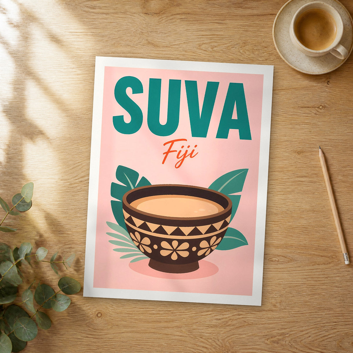 Unframed Suva pop art travel poster on a wooden table