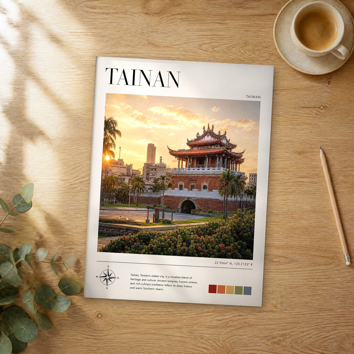 Unframed Tainan modern photography travel poster on a wooden table