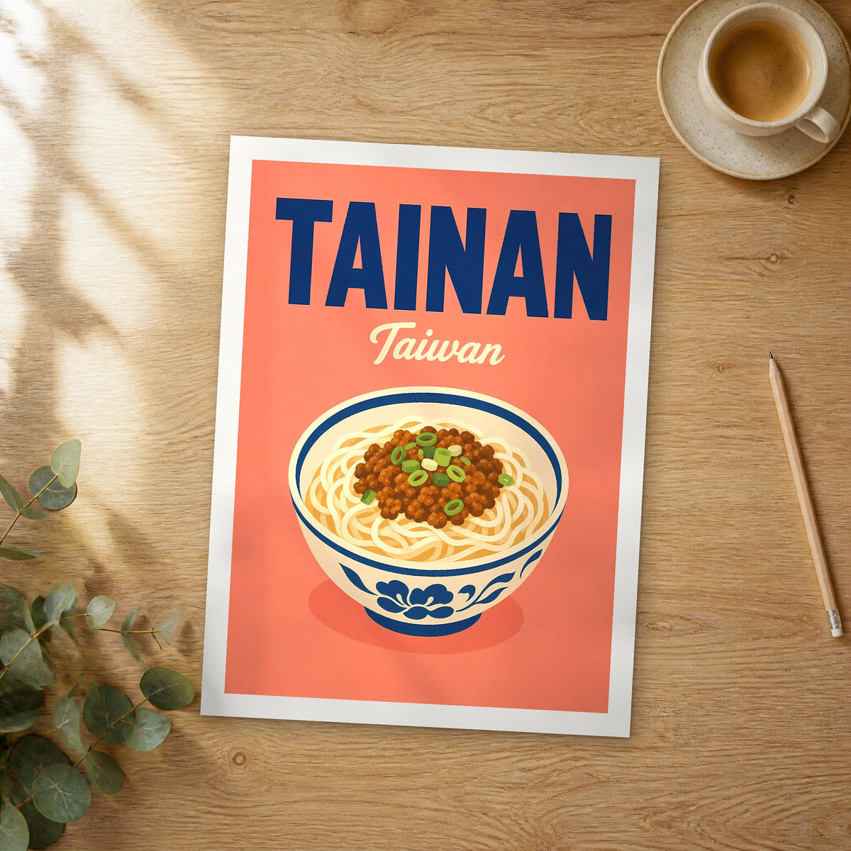 Unframed Tainan pop art travel poster on a wooden table