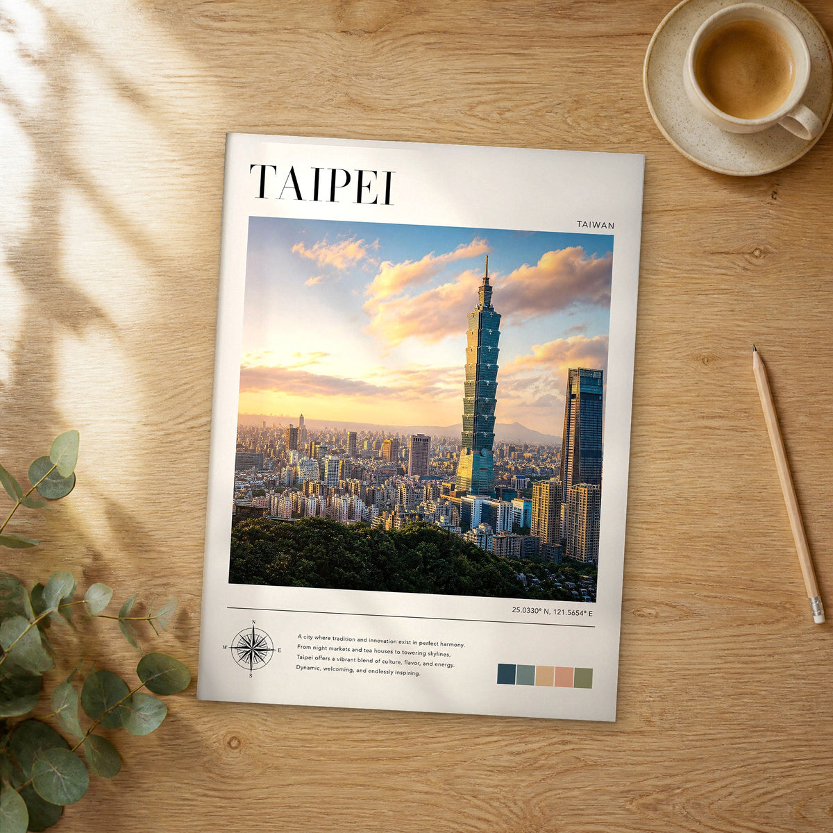 Unframed Taipei modern photography travel poster on a wooden table