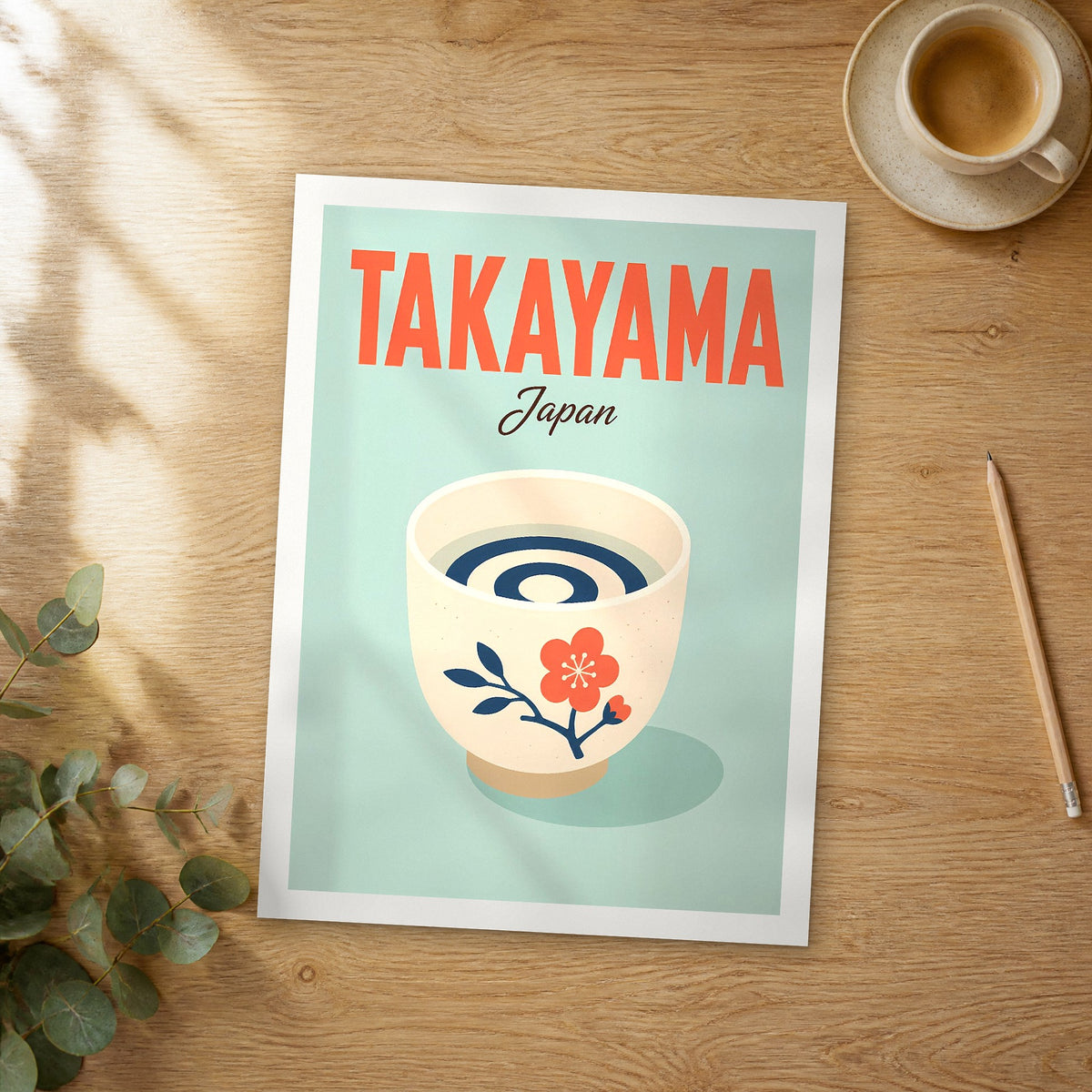 Unframed Takayama pop art travel poster on a wooden table