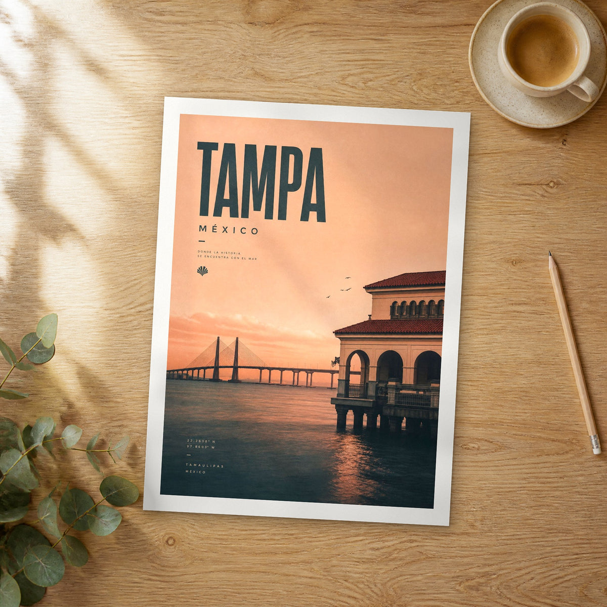 Unframed Tampa bold typography travel poster on a wooden table
