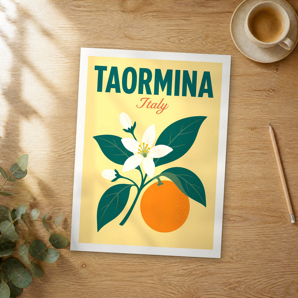 Unframed Taormina pop art travel poster on a wooden table