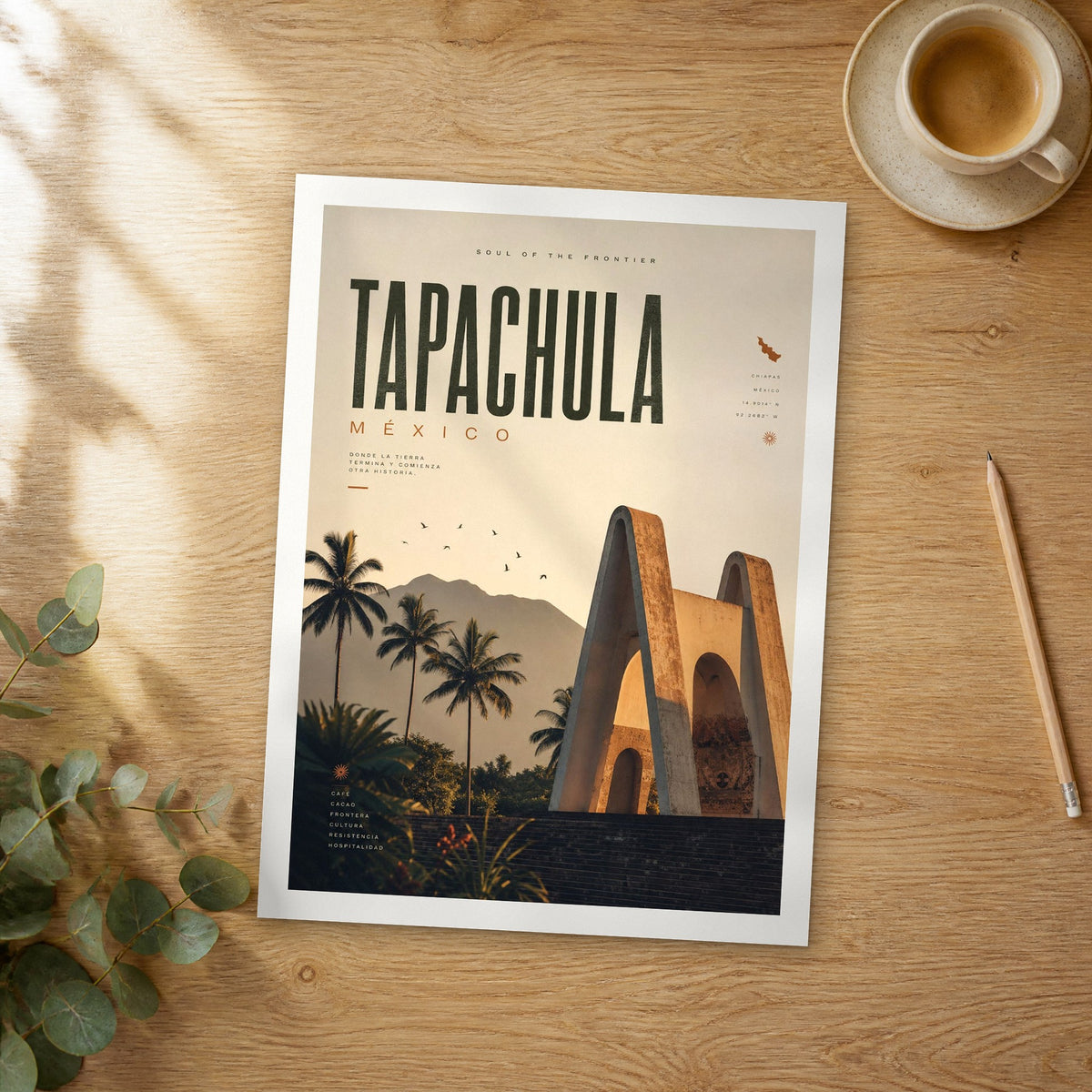 Unframed Tapachula bold typography travel poster on a wooden table
