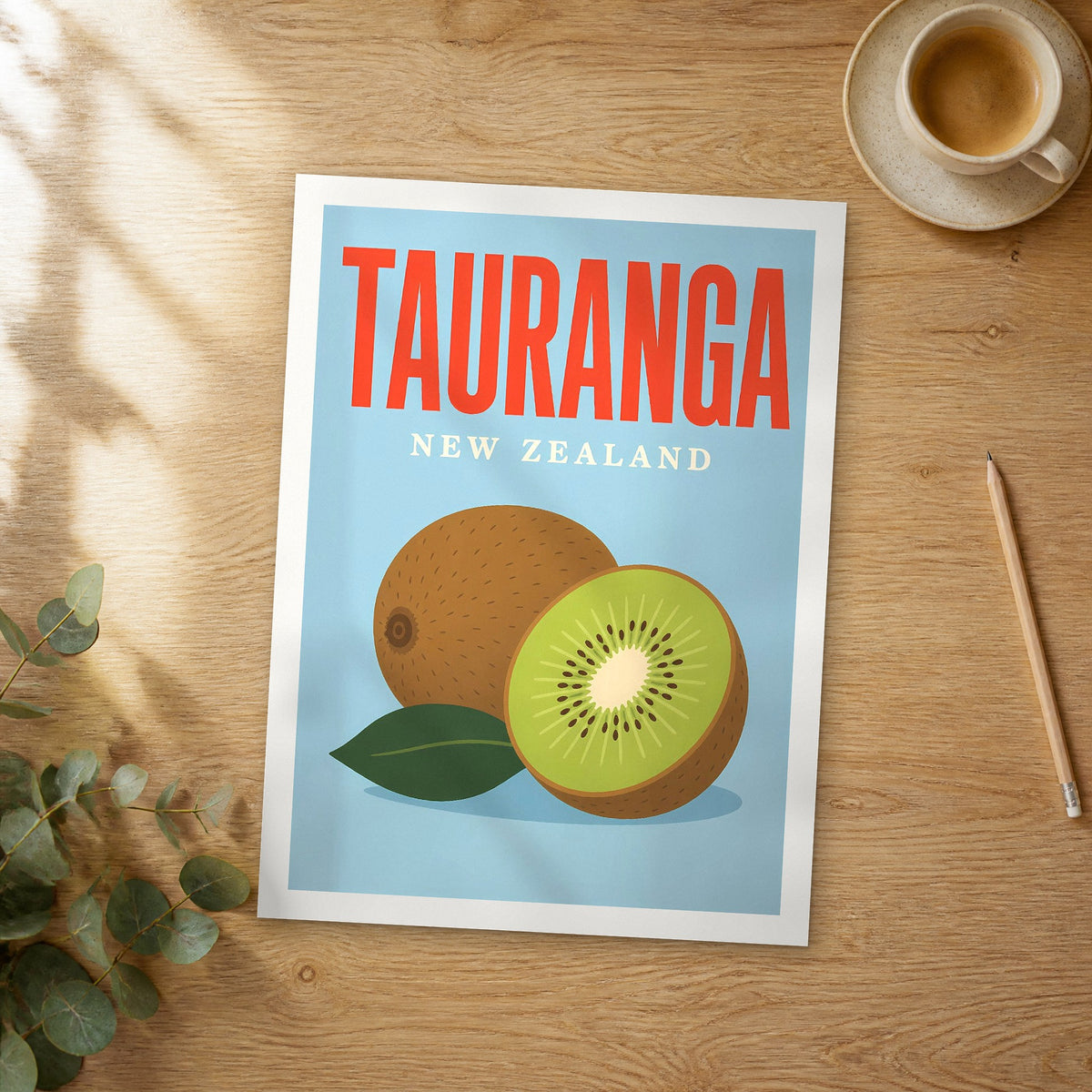 Unframed Tauranga pop art travel poster on a wooden table