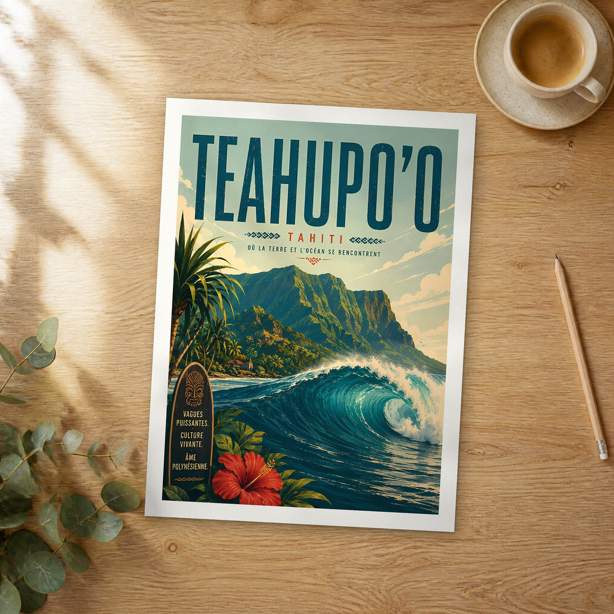 Unframed Teahupo'o retro travel poster on a wooden table
