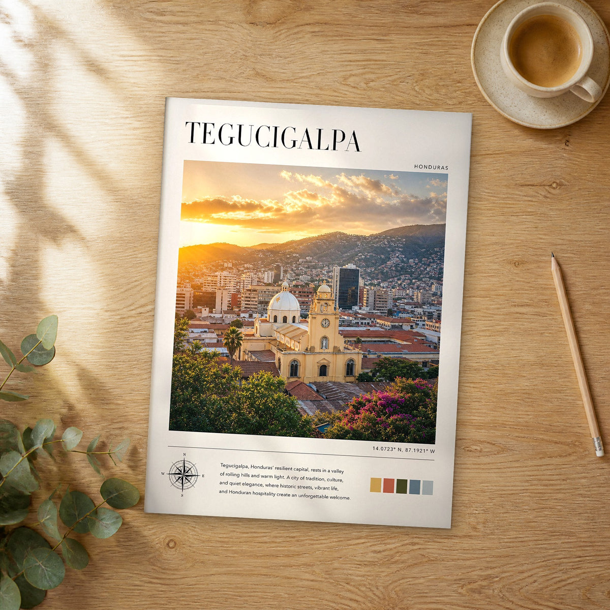 Unframed Tegucigalpa modern photography travel poster on a wooden table