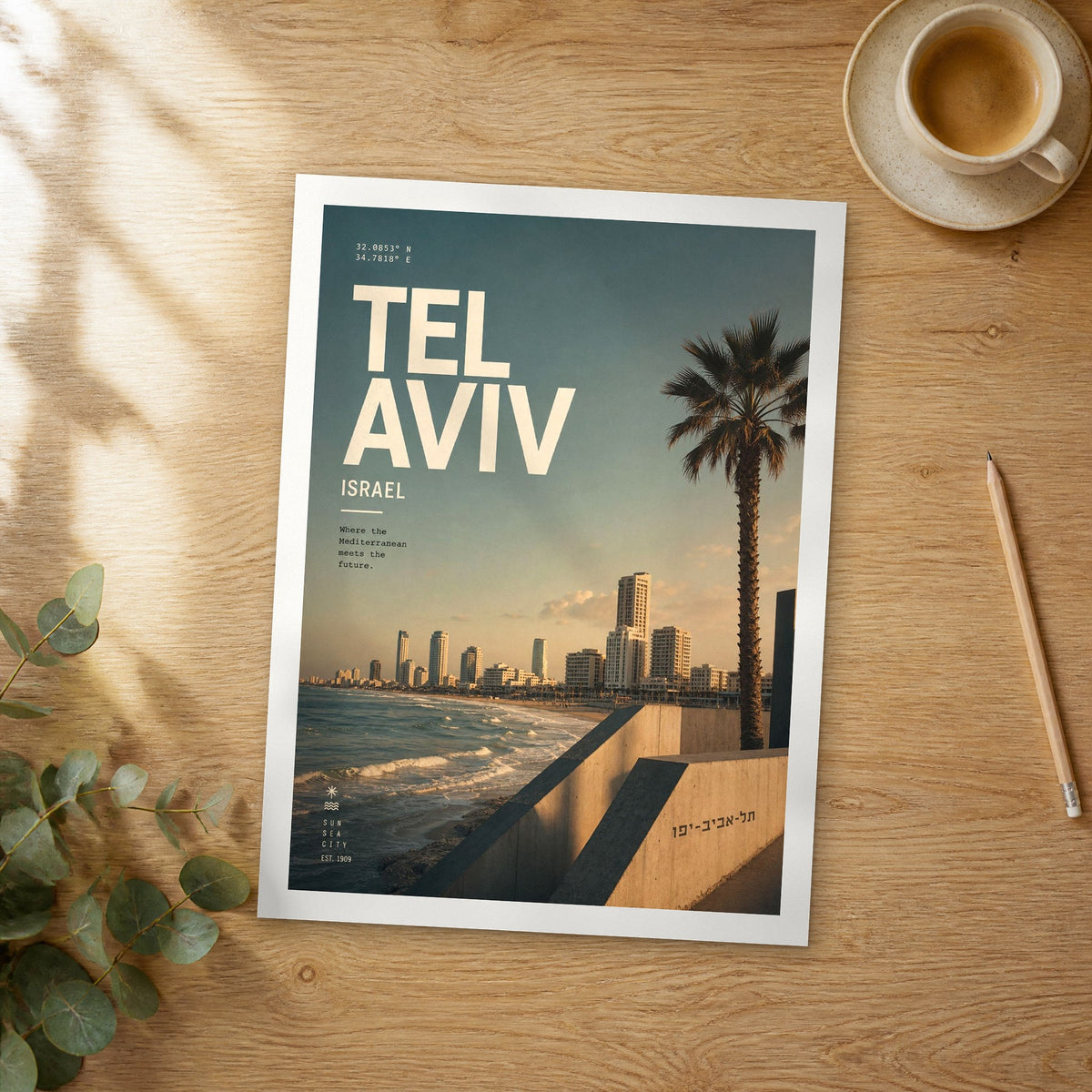 Unframed Tel Aviv Beachfront Promenade bold typography travel poster on a wooden table