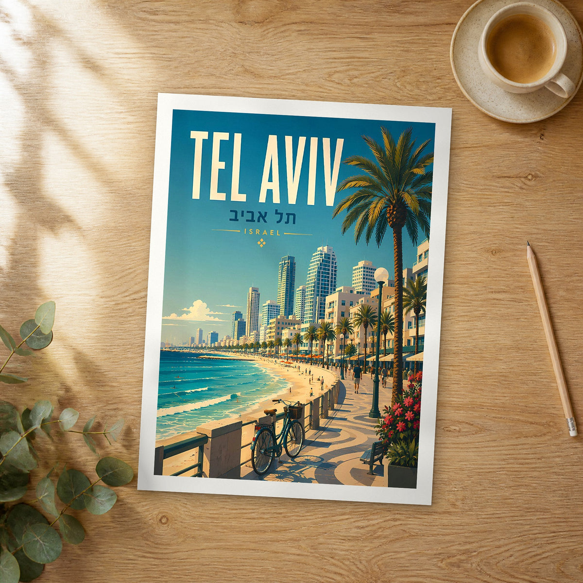 Unframed Tel Aviv Beachfront Promenade retro travel poster on a wooden table