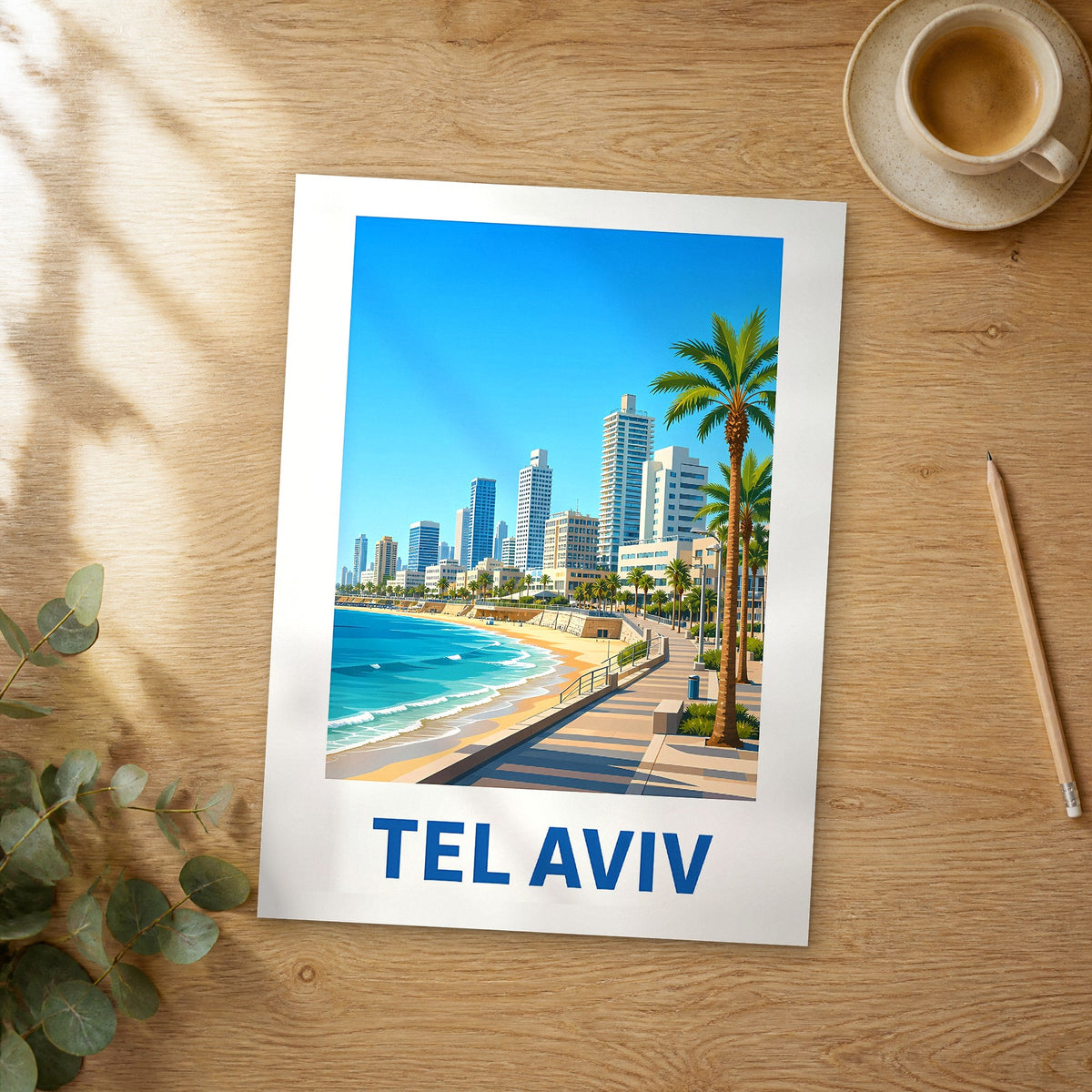 Unframed Tel Aviv modern digital travel poster on a wooden table