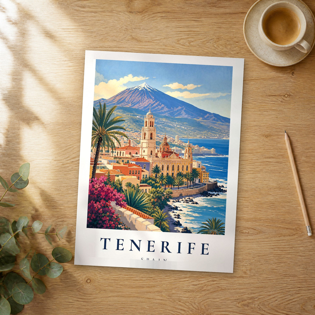 Unframed Tenerife vintage travel poster on a wooden table